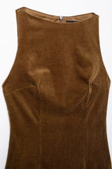 LIZAKOSHT  -  Fashion Brown Corduroy Mini Dress for Women Autumn Tank Sleeveless Belt Slim Short Dresses Ladies Streetwear