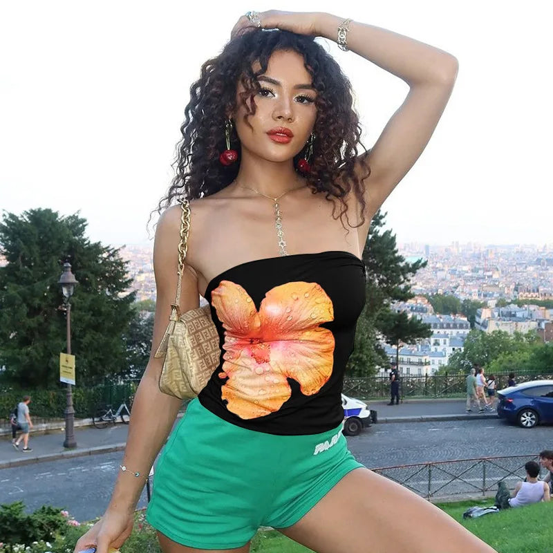 LIZAKOSHT  -  Strapless Flower Printed Crop Top Women's Clothing Sleeveless Tank Top Hottie Summer Streetwear