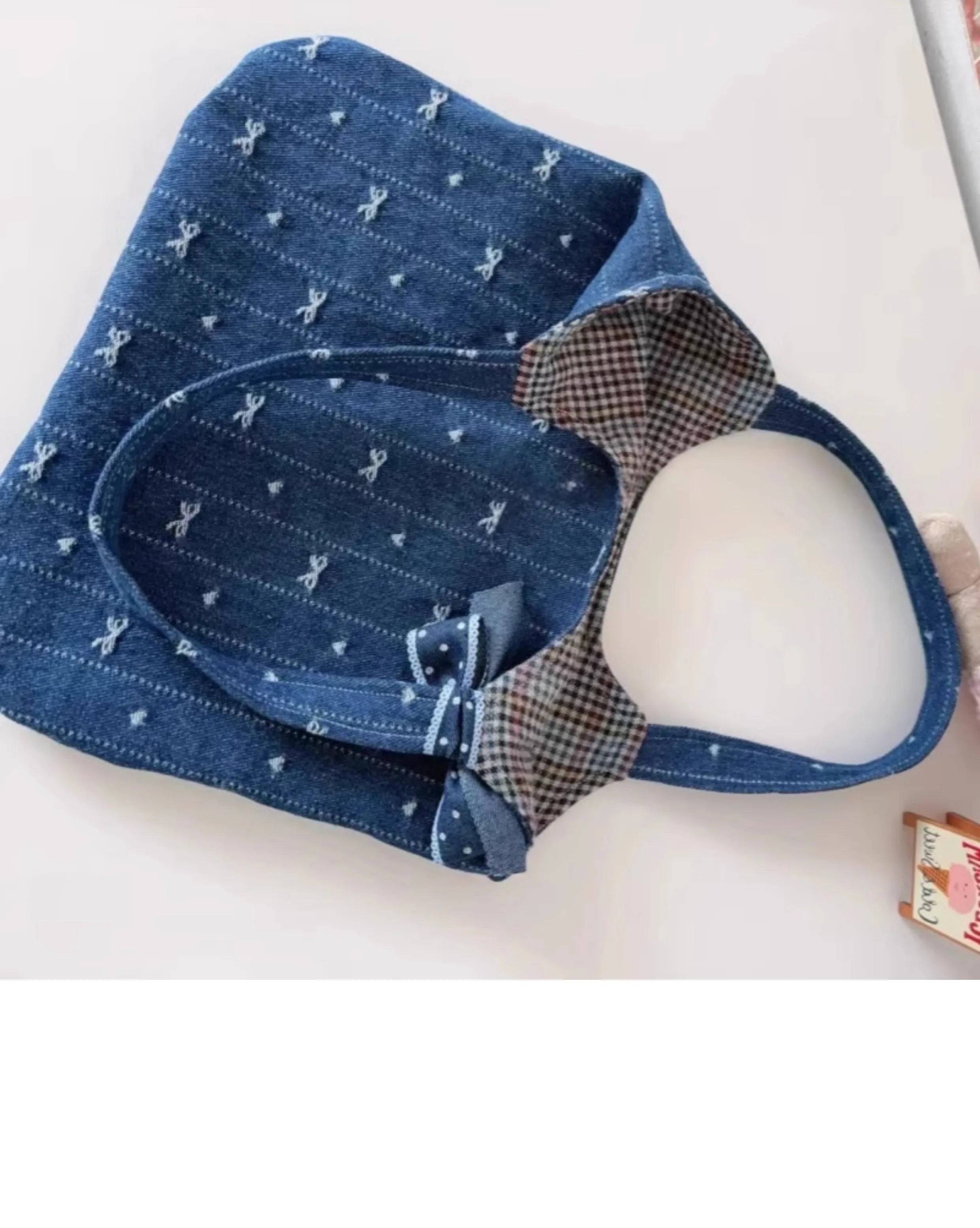 LIZAKOSHT  -  New Korean Style Heart-shaped Pattern Bow Jacquard Denim Bag Large Capacity Handbag Fashion Girls Small Handbags