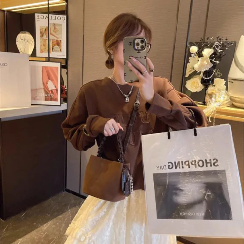 LIZAKOSHT  -  Retro Matte Bucket Handbag Women Suede Woven Handle Shoulder Bag Ladies Harajuku Everyday Casual Versatile Crossbody Bag
