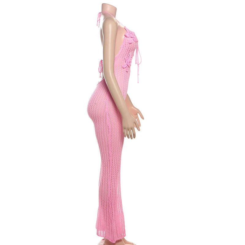 LIZAKOSHT  -  Knitted Halter High Elasticity See Through Halter Backless Solid Color Floral Appliques Club Street Low Cut Jumpsuit for Women
