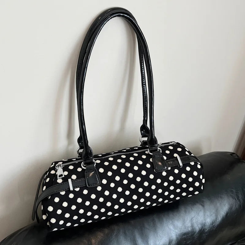 LIZAKOSHT  - Y2k Polka Dot Cylindrical Handbag Ins Trendy Personality Elegant Retro Glossy Leather Exquisite Small Capacity Daily Commuting
