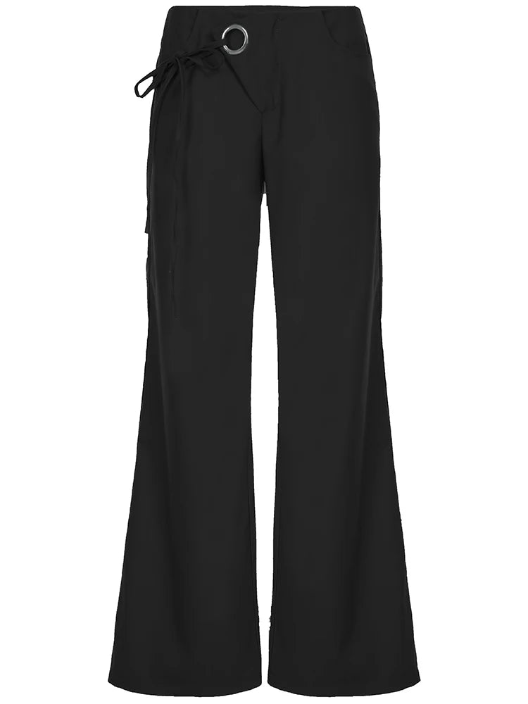 LIZAKOSHT  -  Lace Up Loose England Style Trousers Fashion Low Waisted Solid Pants Vintage Aesthetic Leisure Bottoms for Women