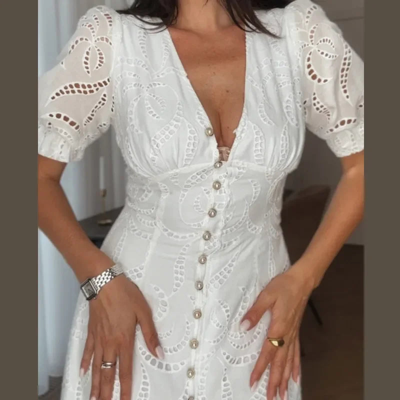 LIZAKOSHT  -  Elegant Hollow Out Dress For Women Fashion White V-neck Single Breasted Short Sleeve Slim Female Dresses 2025 Summer Lady Robe