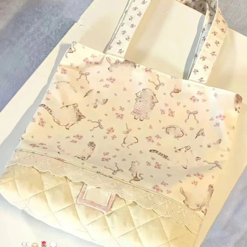 LIZAKOSHT  -  Korean Sweet Flower Cat Bow Print Handbag Tote Bags Large Capacity Women Commute Shoulder Bag