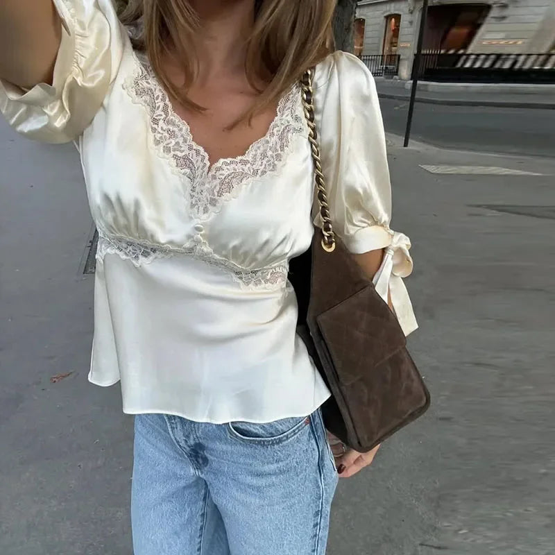 LIZAKOSHT  -  Satin Women's Top Lace Trim Puff Short Sleeve Square Neck Blouse Female Tie Cuff Casual Spring Fashion Chic Short Tops Ladies