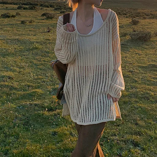 LIZAKOSHT  -  Outer Cover for Women 2024 Spring Summer Thin Long Lazy Air Conditioning Sweater Premium Top Long Sleeve Hollow Knitted Sweater