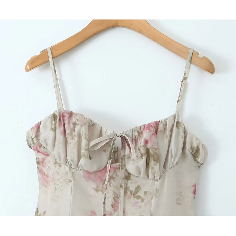 LIZAKOSHT  -  Sexy Elegant Women Spaghetti Strap Rose Floral Print Mini Dresses Summer Female Low Waist Vintage Party Robe