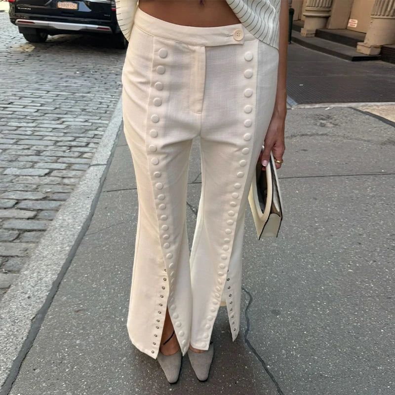 LIZAKOSHT  -  Button Embellished Flared Bottom Raised Waistband Slit Hems  Spring Autumn Casual Urban Lady Women Retro Office Chic Outfit