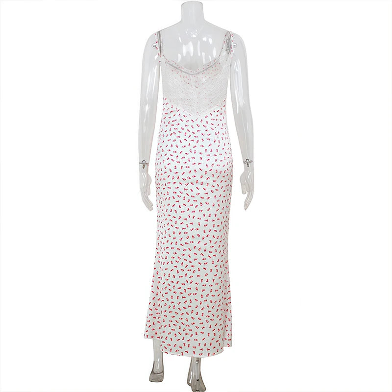 LIZAKOSHT  -  Gentle Style Floral V Neck Spaghetti Strap Backless Lace Patchwork Maxi Dresses Strap Club Printing Gowns for Women