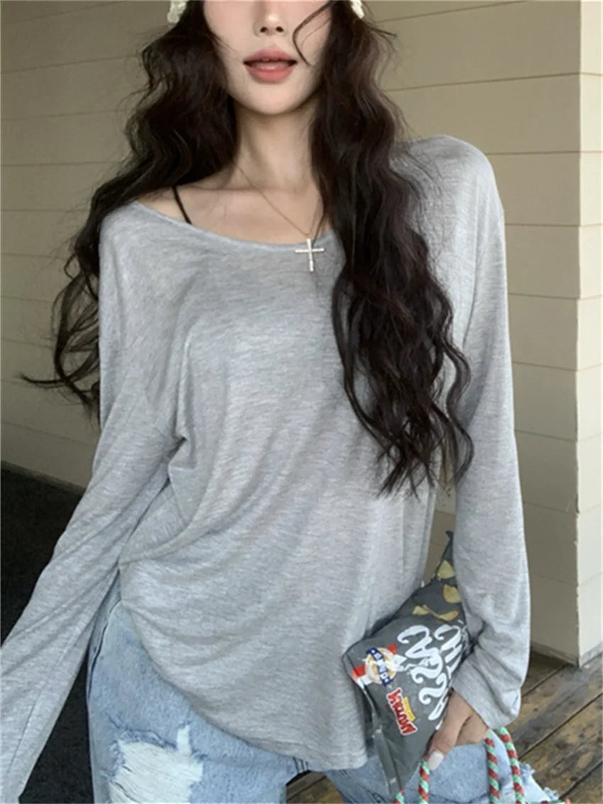 LIZAKOSHT  -  Minimalist T-Shirts Women V-Neck Chic All Match Summer Full Sleeve Loose New 2024 Casual Daily Sunscreen Tees