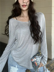 LIZAKOSHT  -  Minimalist T-Shirts Women V-Neck Chic All Match Summer Full Sleeve Loose New 2024 Casual Daily Sunscreen Tees