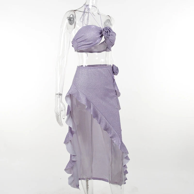 LIZAKOSHT  -  2 Piece Set y2k Summer Outfits Women Strapless 3D Rosette Halter Tops + Asymmetrical Ruffle Hem Skirt Party Clubwear