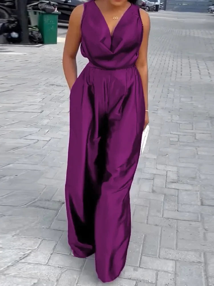 LIZAKOSHT  -  Deep V-Neck Jumpsuits Sexy Elegant Sleeveless Jumpsuit for Women New Loose High Waist Wide Leg Purple One-piece Pants