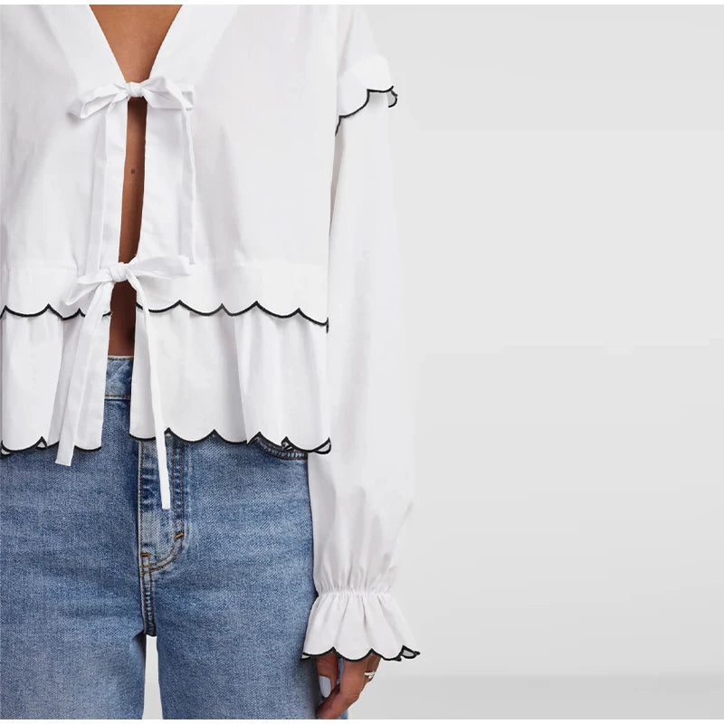LIZAKOSHT  -  Casual Wave-edged Strap Blouse For Women V-neck Hollow Out Lace Up Ruffled Shirts Female Spring Summer New Chic Lady Tops