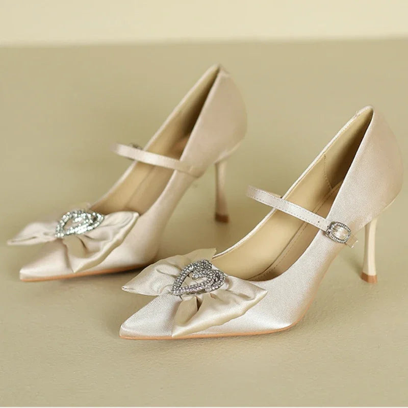 LIZAKOSHT  -  Fashion Bow Pointed Toe High Heels Women Rhinestone Buckle Luxury Thin Heels Wedding Female Pumps Elegant Sexy Party Dress Shoes