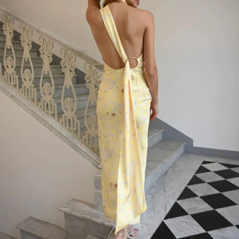 LIZAKOSHT  -  Women Casual Slim Party Dress High Street Ribbon Buckle Halter Formal Dress Female Elegant Printed Diagonal Collar Long Dress
