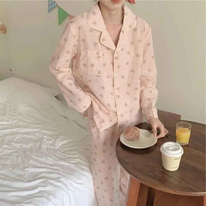 LIZAKOSHT  -  Koera Style Women's Pajama Set 2 Pcs with Pant Ladies Bear Print Sleepwear Long Sleeve Single Breasted Plaid Pyjama Suit Female