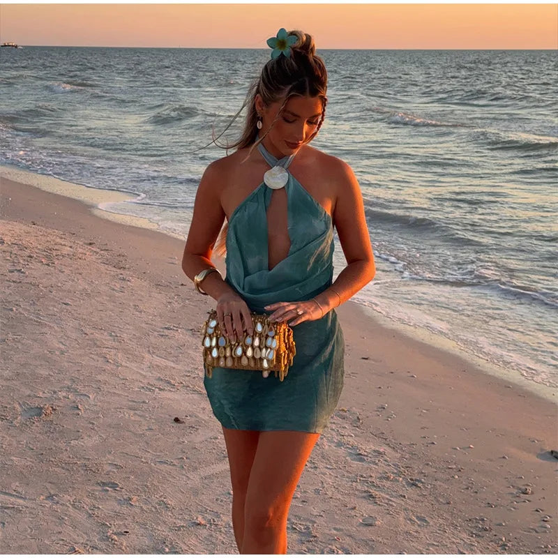 LIZAKOSHT  -  Sexy Green Halter Short Dress Women Slim Lace Up Hollow Out Sleeveless Backless Dresses 2025 Summer Lady Party Beach Robes