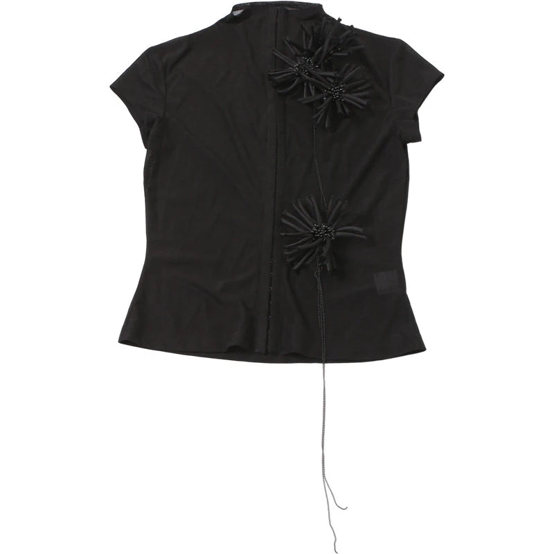 LIZAKOSHT  -  Vintage Sexy Single Breasted 3D Flower See-through Half High Collar Short-sleeved T Shirt Party Street Casual Slim Fit Tops