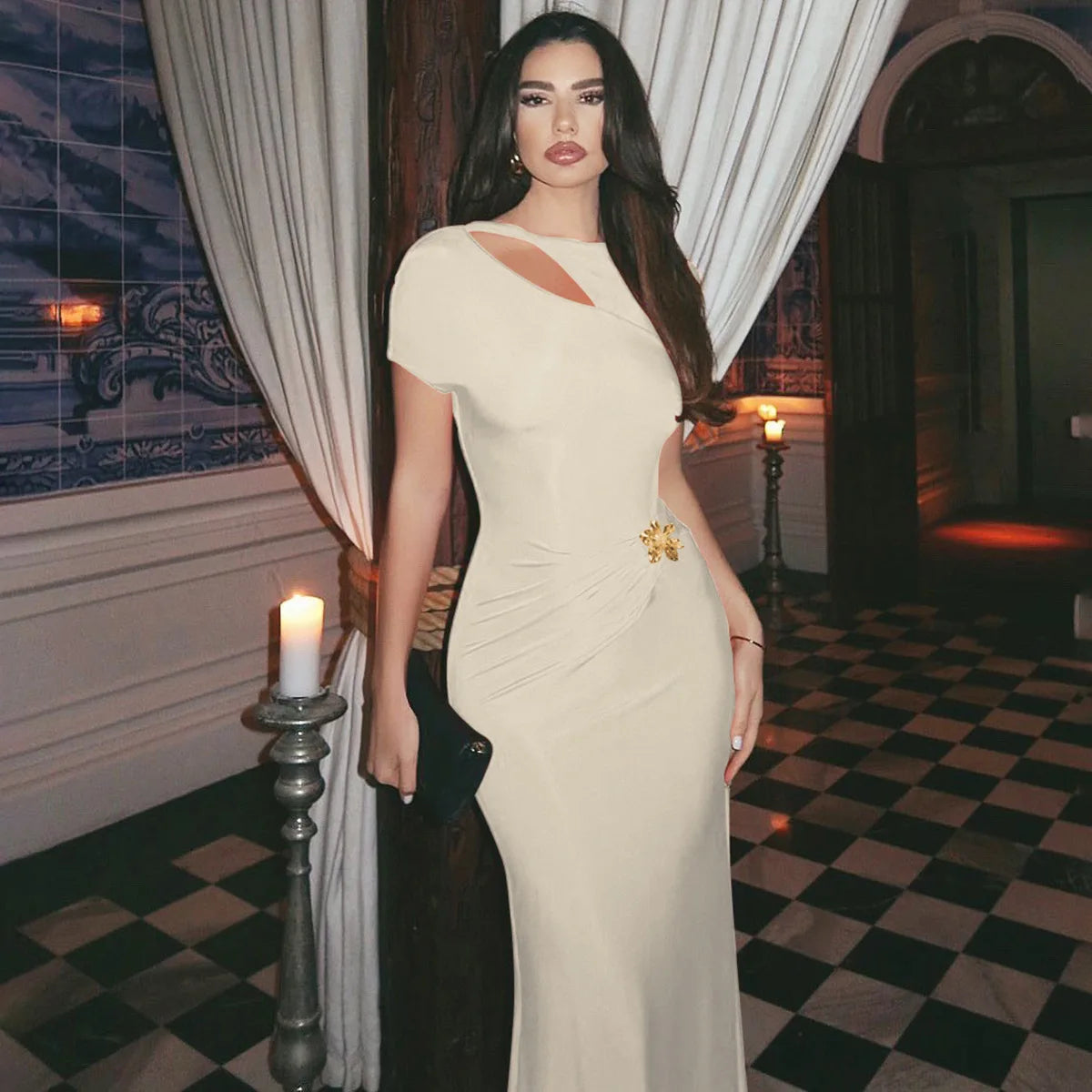 LIZAKOSHT  -  Women Clothing Spring Summer New Fashion Sexy Hollow Out Backless High Waist Solid Color Short Sleeve Party Dresses