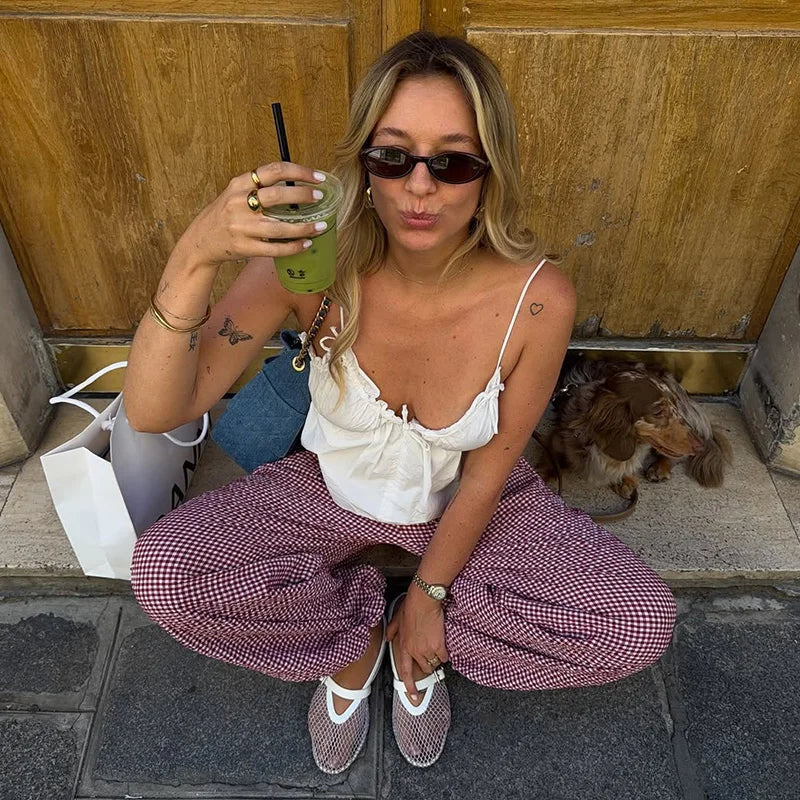 LIZAKOSHT  -  Elastic Drawstring Plaid Jogger Bottom Grid Thigh Cut Ankle Cuffs Summer Autumn Indoor Casual Lady  Vintage Cozy Outfit