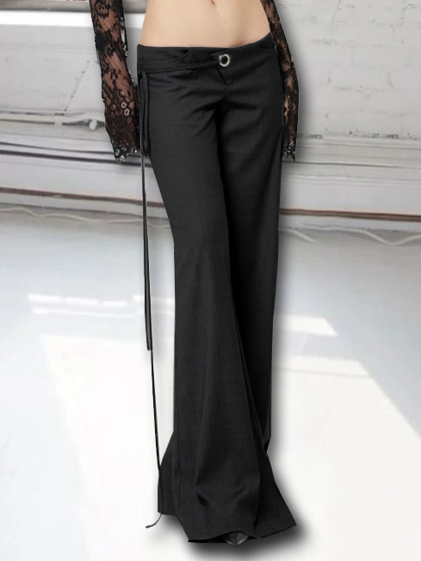 LIZAKOSHT  -  Lace Up Loose England Style Trousers Fashion Low Waisted Solid Pants Vintage Aesthetic Leisure Bottoms for Women
