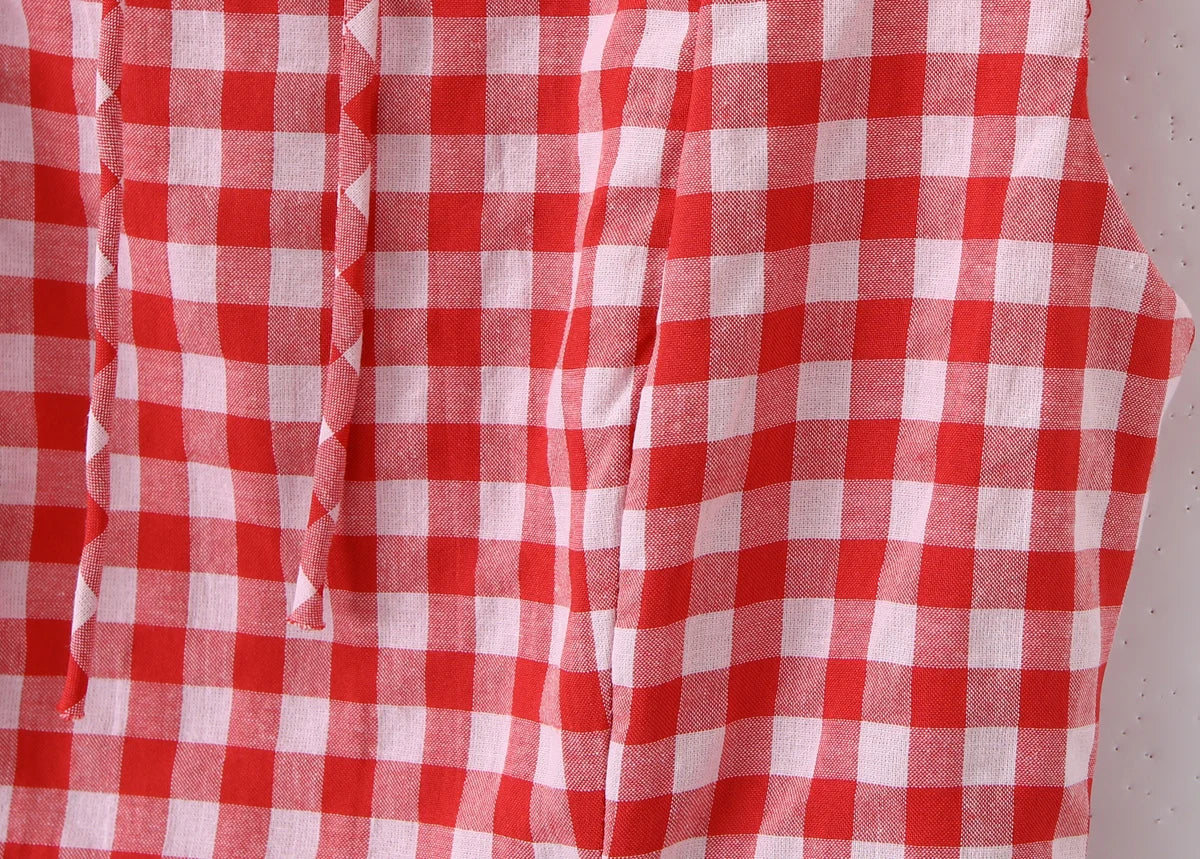LIZAKOSHT  -  Sexy Red Gingham Plaid Mini Sleeveless Dress Women Bow O Neck Zipper Back Low Waist Ruched Hem Swing Tank Dresses Vestidos Black