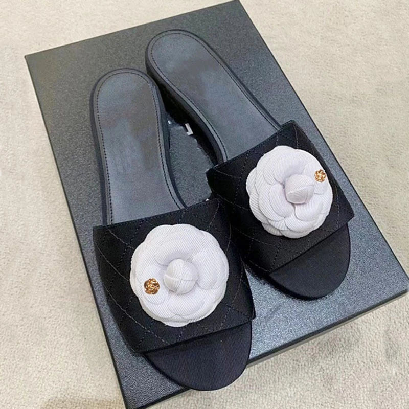 LIZAKOSHT  -  new designer camellia flower slippers women plaid leather slides shoes floral buckle leather flip flops woman flat sandales