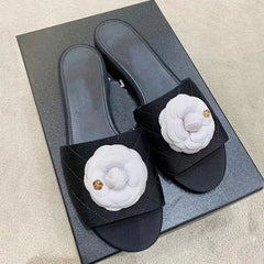 LIZAKOSHT  -  new designer camellia flower slippers women plaid leather slides shoes floral buckle leather flip flops woman flat sandales