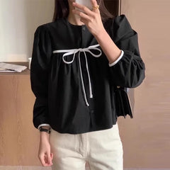 LIZAKOSHT  -  Korean Fashion Casual All-match Blusas Mujer 2025 Summer New Black Blouses  Y2k E-Girl O-neck Bow Lace Up Shirts Women