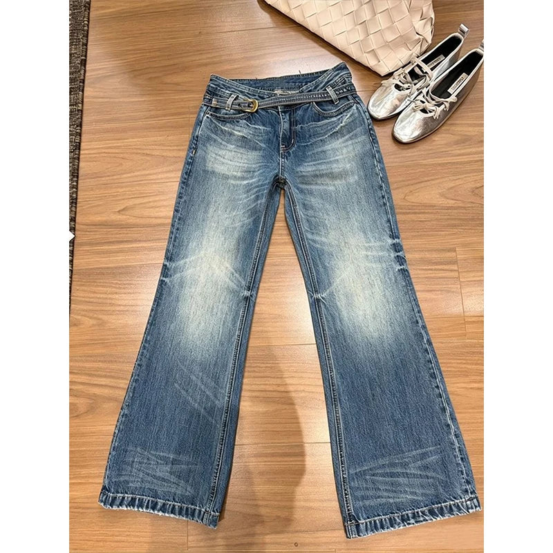 LIZAKOSHT  -  Y2K Slim FWomen's Vintage Tie Dye Blue Straight Jeans Street Style Trousers Cool Girl Casual Bottoms Female High Waist Wide Leg