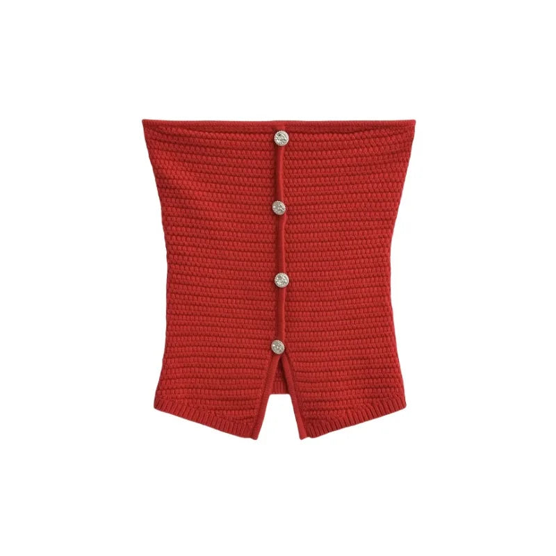 LIZAKOSHT  -  Women Off The Shoulder Button Up Sleeveless Knitted Crop Top