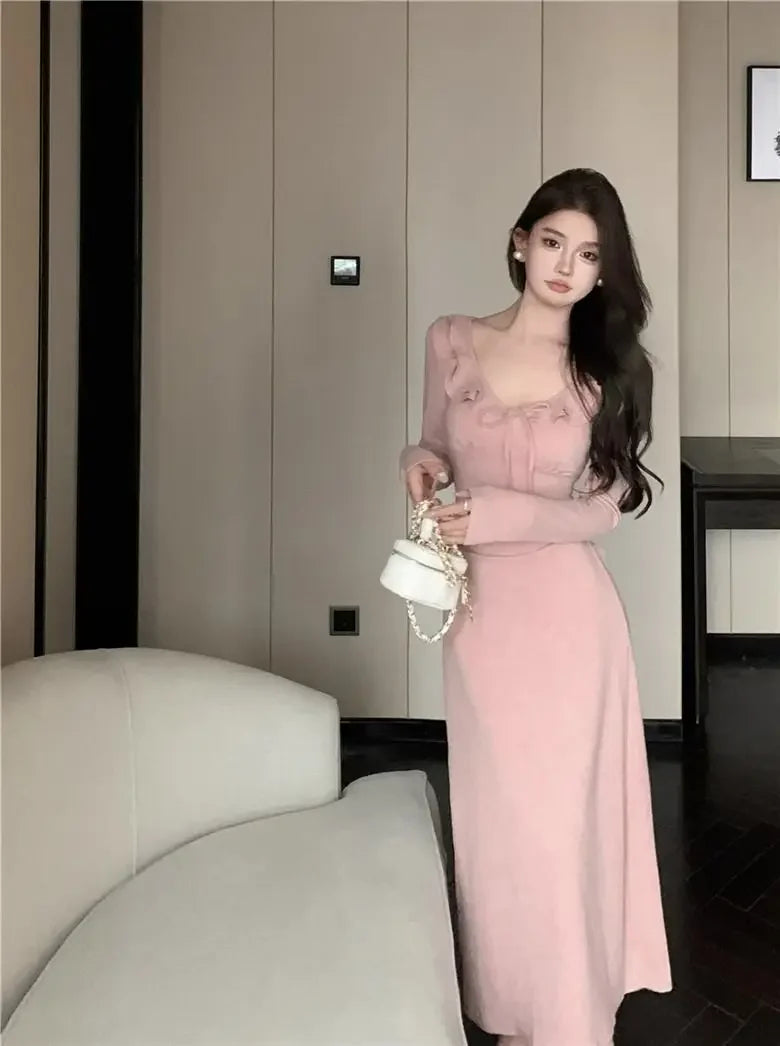 LIZAKOSHT  -  V-neck Lotus Leaf Dress Women's Strappy Waist Long-sleeved Gentle Style A-line Long Skirt