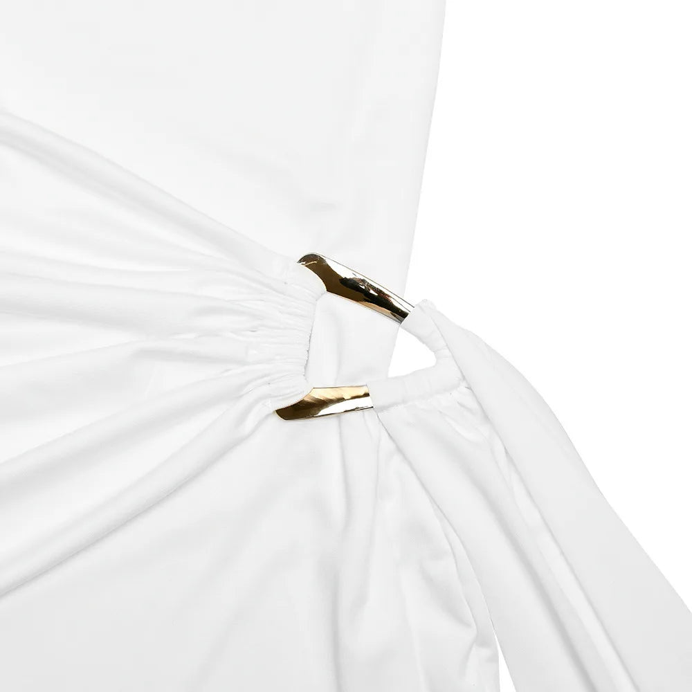 LIZAKOSHT  -  Sexy back Hollow Out Ribbon Women Mini Dress White Long Sleeve Round Neck Dress Winter Skinny Elegant Party Clubwear