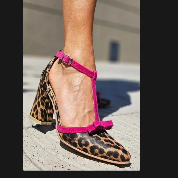 LIZAKOSHT  -  Summer High Heel Sandals Women Fashion Leopard Pattern Color blocked Butterfly Knot Buckle with Thick Heel Women's Single Shoes