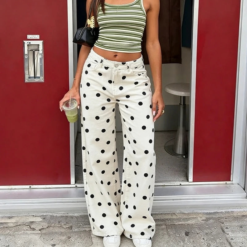 LIZAKOSHT  -  Women Polka Dot Wide Leg Jeans High Waisted Loose Fit Straight Leg Denim Pants Y2K Retro Trousers Preppy Streetwear