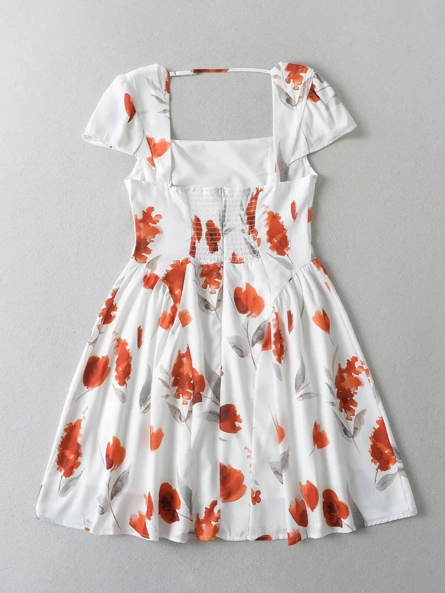LIZAKOSHT  -  Summer New Flower Printed Square Collar High Waist Slim Dress Short Skirt