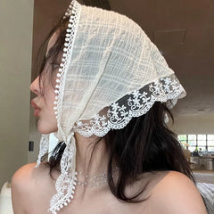 Lizakosht French Lace Triangle Headband Flowers Sunscreen Decorative Headscarf Pastoral Retro Scarves Ribbon Bag Headscarf Hat