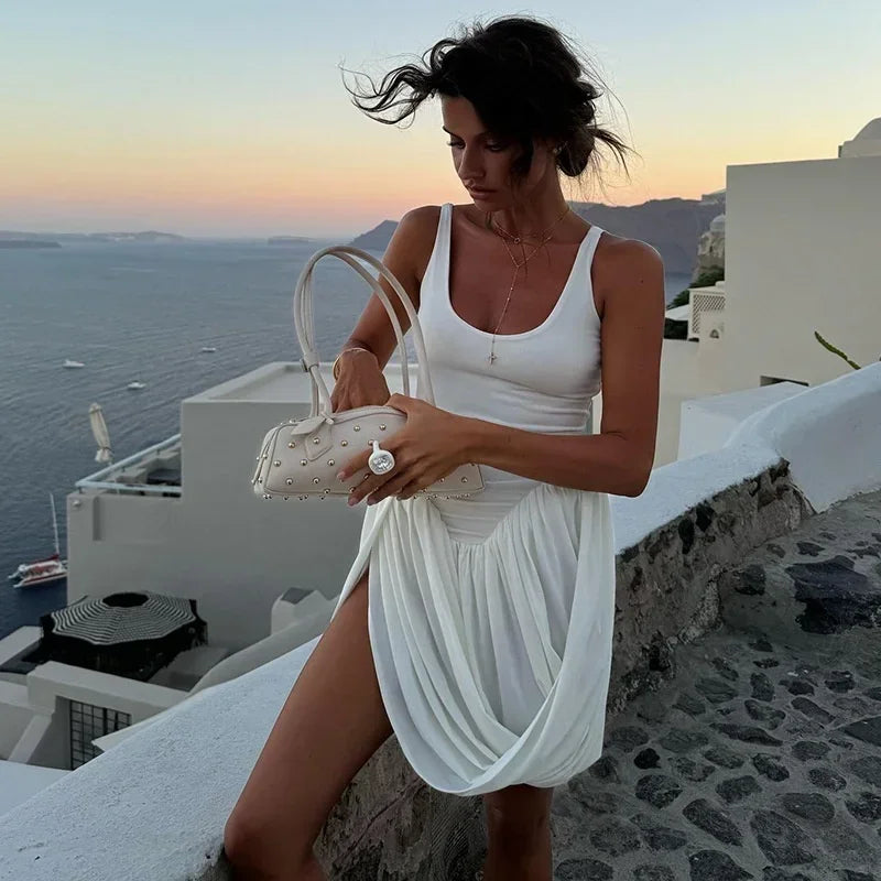 LIZAKOSHT  -  Women Fashion White Draped Slit Mini Dresses Sexy U-Neck Sleeveless Ruched Hem Bodycon Dress Summer Lady Party Holiday Robe