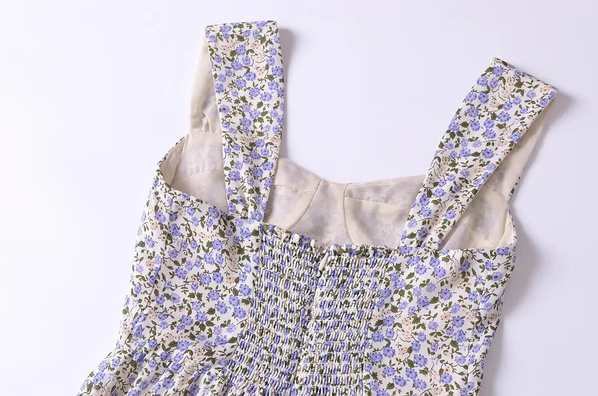 LIZAKOSHT  -  European and American Style Women's New Floral Print Heart-shaped Collar Waist Slim Strap Dress