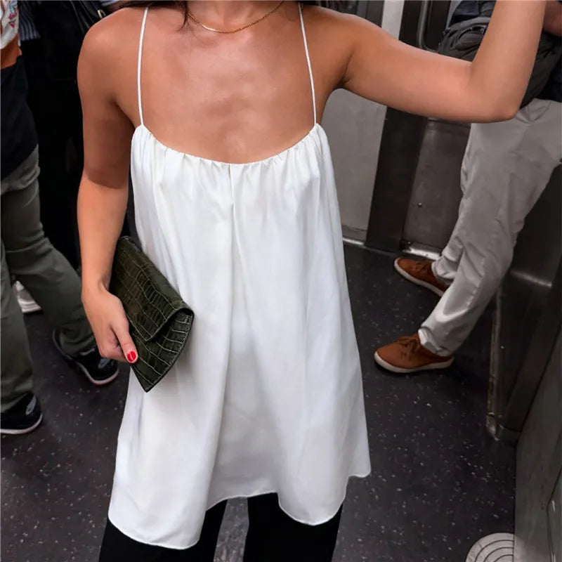 LIZAKOSHT  -  Summer High Street Stylish Solid Color Sleeveless Square Neck Spaghetti Strap Fashion Vest Women's Satin Silk Camisole Tops