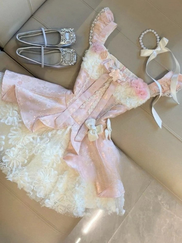 LIZAKOSHT  -  French Sweet Kawaii Lolita Dresses Women Chic Flower Design Lace Mini Pink Dress Japanese Fairy Princess Birthday Party Dresses