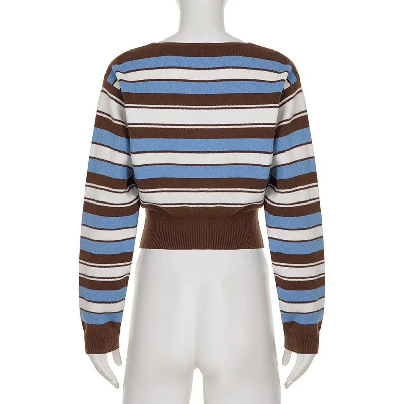 LIZAKOSHT  -  American Street Y2k Knitted Cardigan Personalized V-neck Striped Sweater Top Spicy Girl Fashion Short Versatile Thin Knitwear