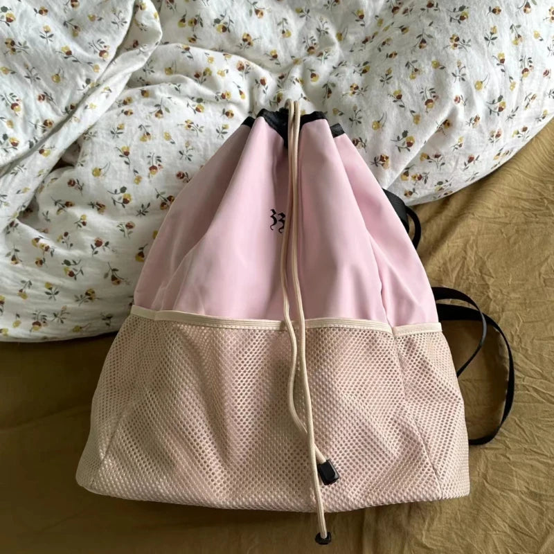 LIZAKOSHT  -  Patchwork Drawstring Y2k Aesthetic Schoolbag Simple All Match Nylon Leather Shoulder Bag Preppy Casual Korean Students Backpacks