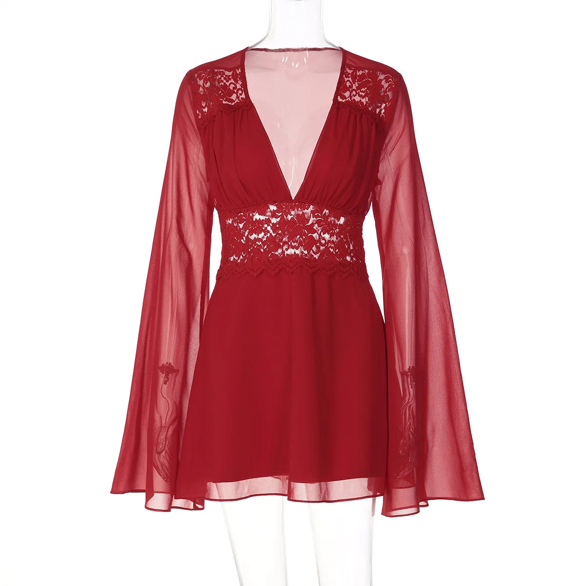 LIZAKOSHT  -  Summer Fashion New Women's Elegant Design Dress with Hollow V-neck Mesh Waist and Trumpet Sleeves Spicy Girl Dress