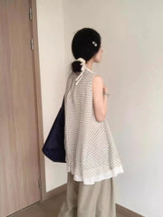 LIZAKOSHT  -  New Reduced Aging Checkered Fake Two Piece Sleeveless Splicing Summer Lace Sweet Loose Strap Top Tank Top