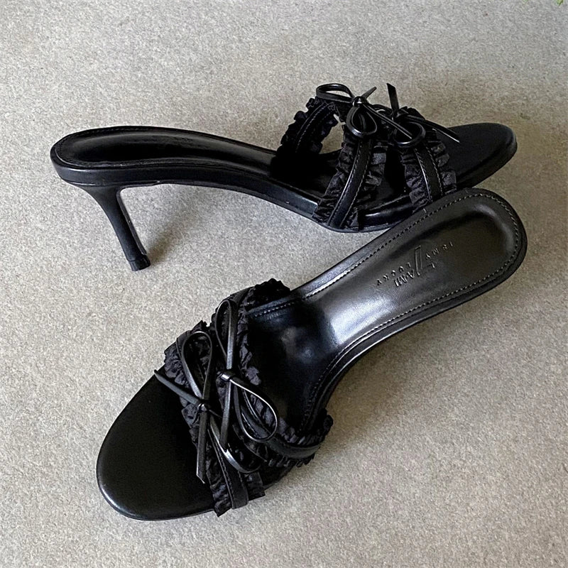 LIZAKOSHT  -  Summer Elegant Butterflykont Lace Edge Woman Slippers Fashion Thin High Heels Female Shoes Slides Zapatos De Mujer