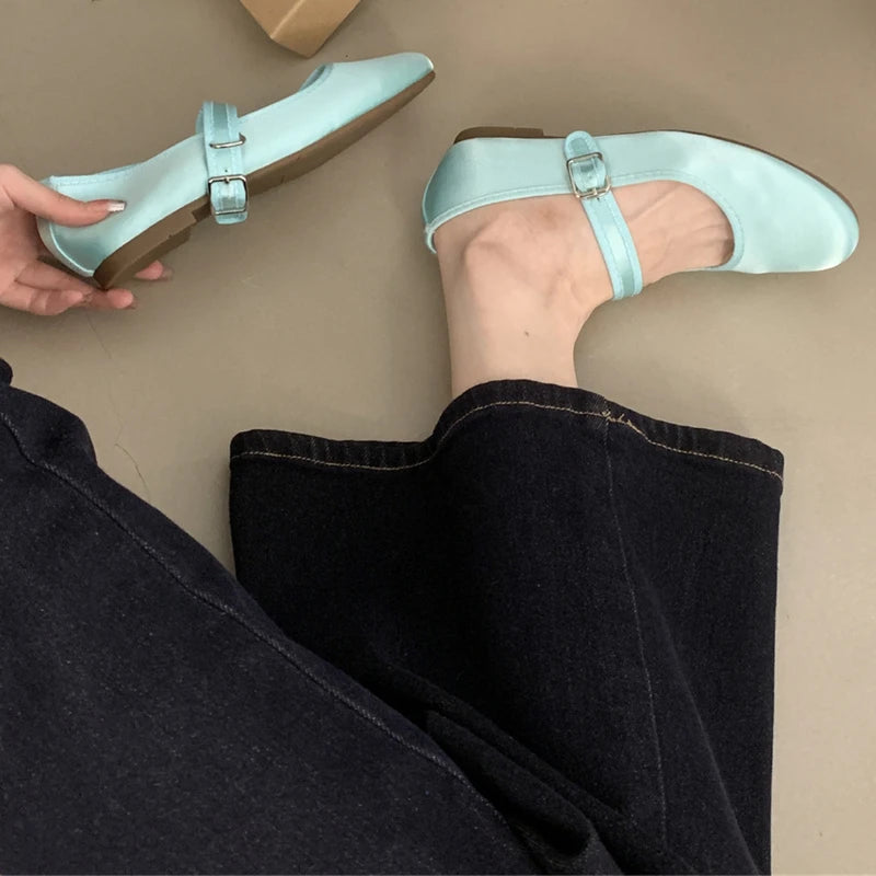 LIZAKOSHT  -  Comfort Satin Soft Sole Ladies Mary Jane Shoes Fashion Round Toe Shallow Women Flats Elegant Buckle Prom Designer Ballet Shoes