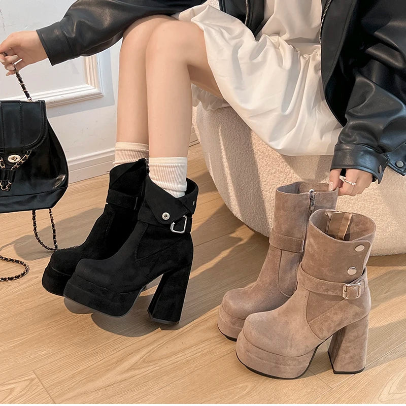 LIZAKOSHT  -  Autumn Winter Fashion High Heel Women Ankle Boots Belt Buckle Punk Shoes Ladies Short Botas Para Mujer